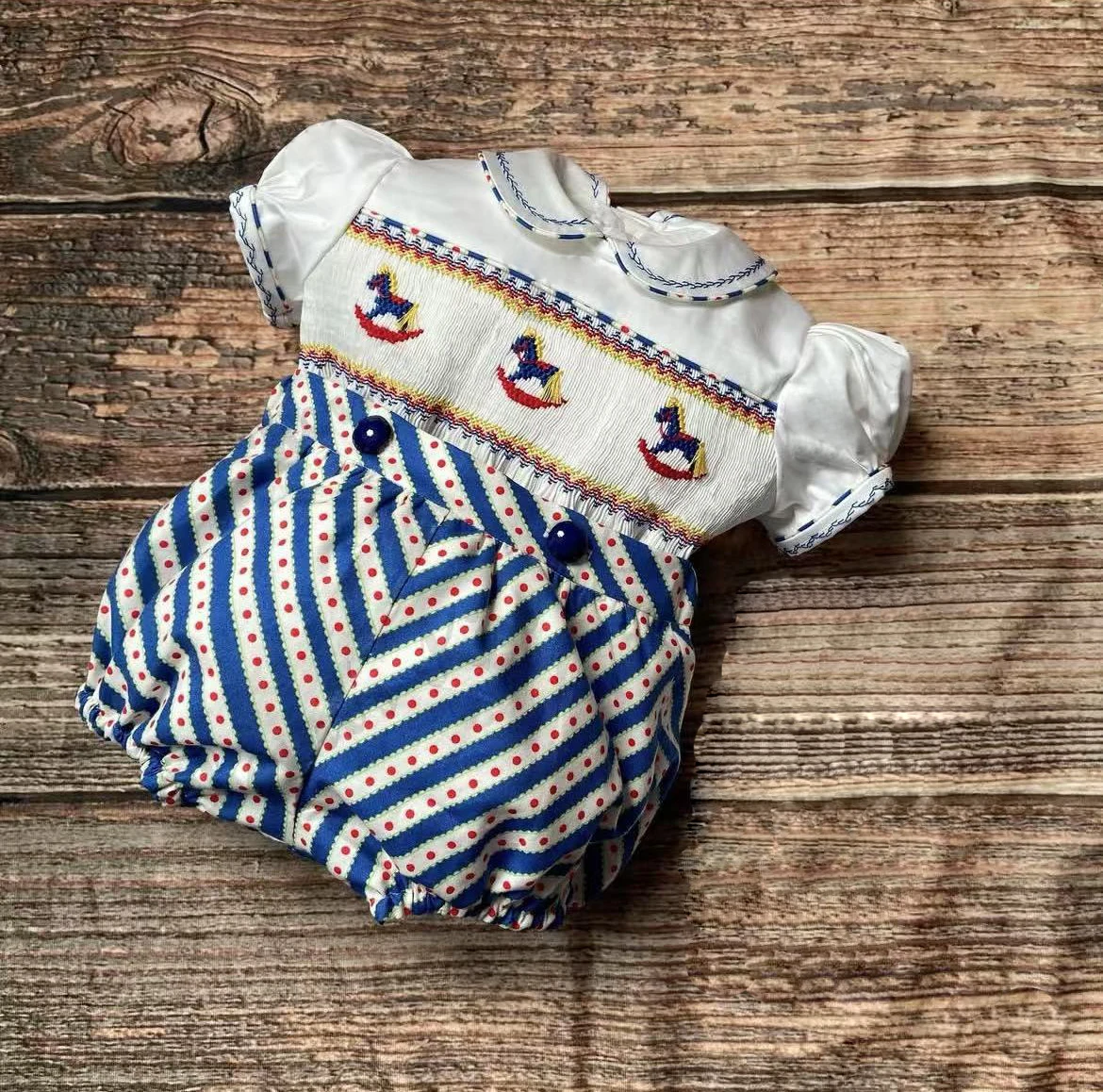 0-6Y Baby Boy Summer Merry-go-round Handmade Embroidery Smocked Blue Stripe Outfit Suit for Party Birthday Holiday Casual A217