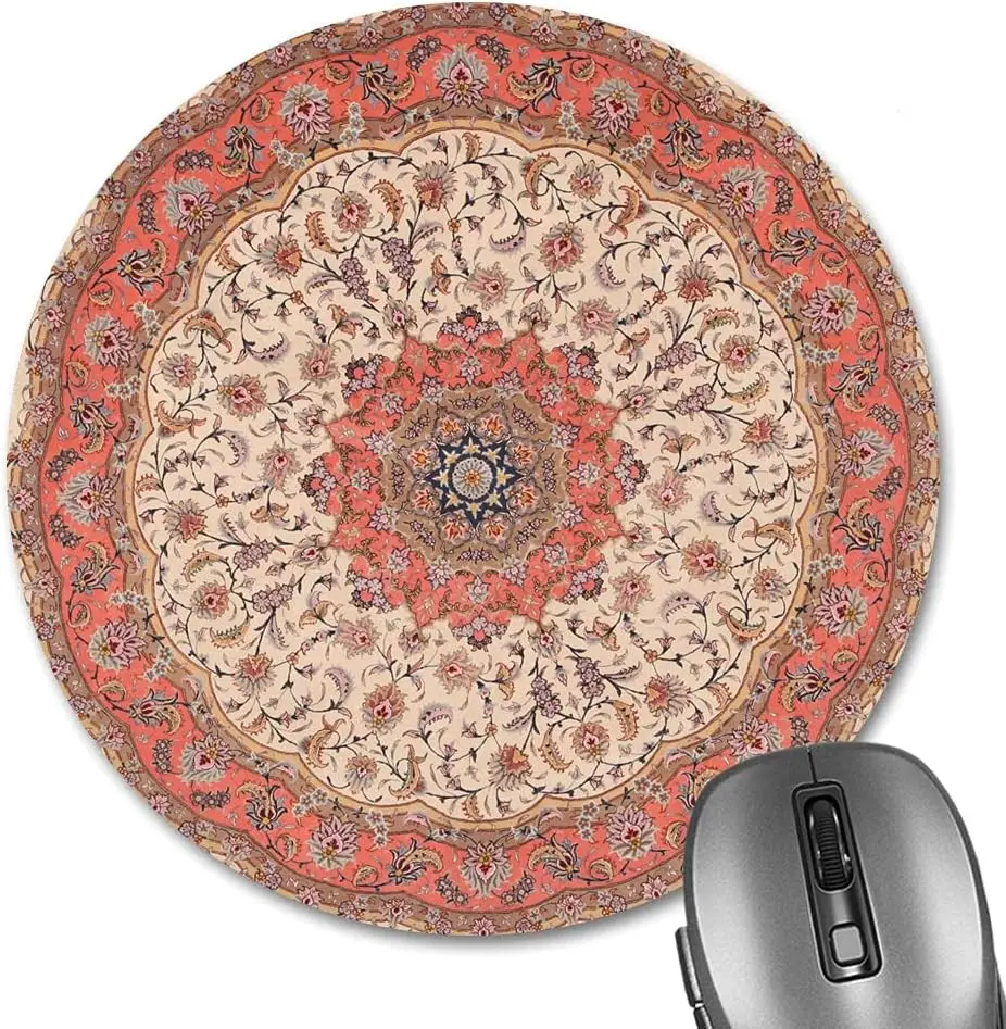 Vintage Oriental Persian Floral Beige Round Mouse Pads Romantic Gorgeous HD Print Decorative Small Rubber Mice Mat for Laptop PC