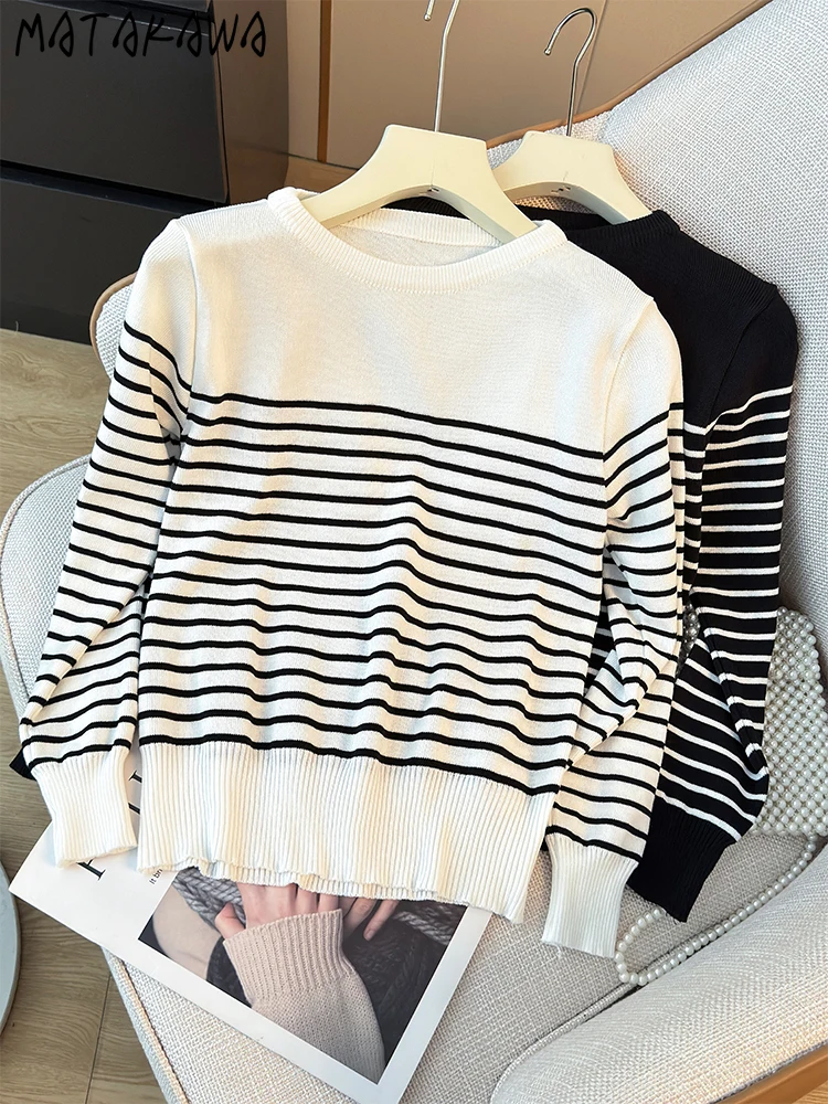 

Matakawa Stripes Autumn Winter Women Sweaters Korean Fashion Simple Korean Fashion Pull Femme Vintage Chic Slim Pullovers