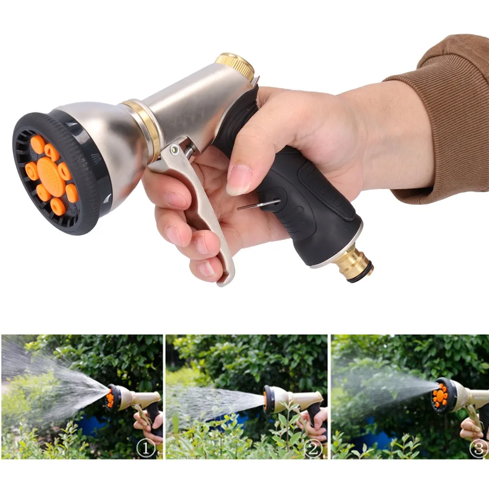 Durable Metal Garden Hose Nozzle Orange 9 Spray Patterns Water Hose Sprayer Leakproof Heavy Duty Metal Hand Sprayer