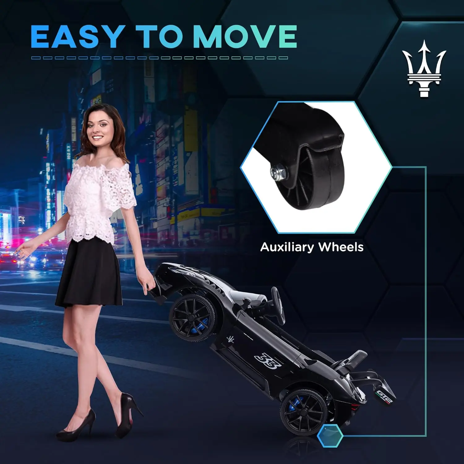 Voiture de conduite sous licence, voiture électrique alimentée par batterie 12 V pour enfants avec suspension à ressort, roues auxiliaires, électrique pour tout-petits de 3 MPH