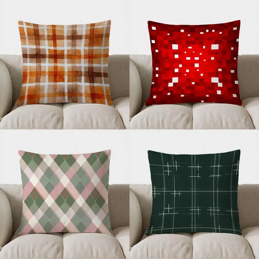 Poszewka na poduszkę z świątecznym wzorem w kratę, poszewka na poduszkę z krótkiego pluszu z nadrukiem do dekoracji sofy