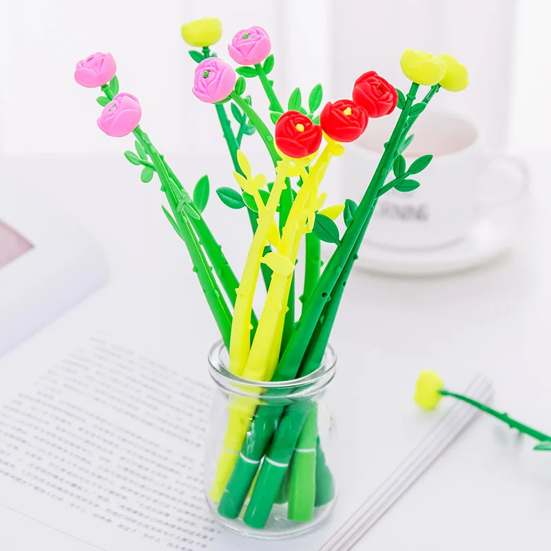 30pcs Rose Flower Gel Pen Wholesale Creative Simulation Soft Rubber Plant Flower Pens Students Black 0.5 Pen Learning Stationery