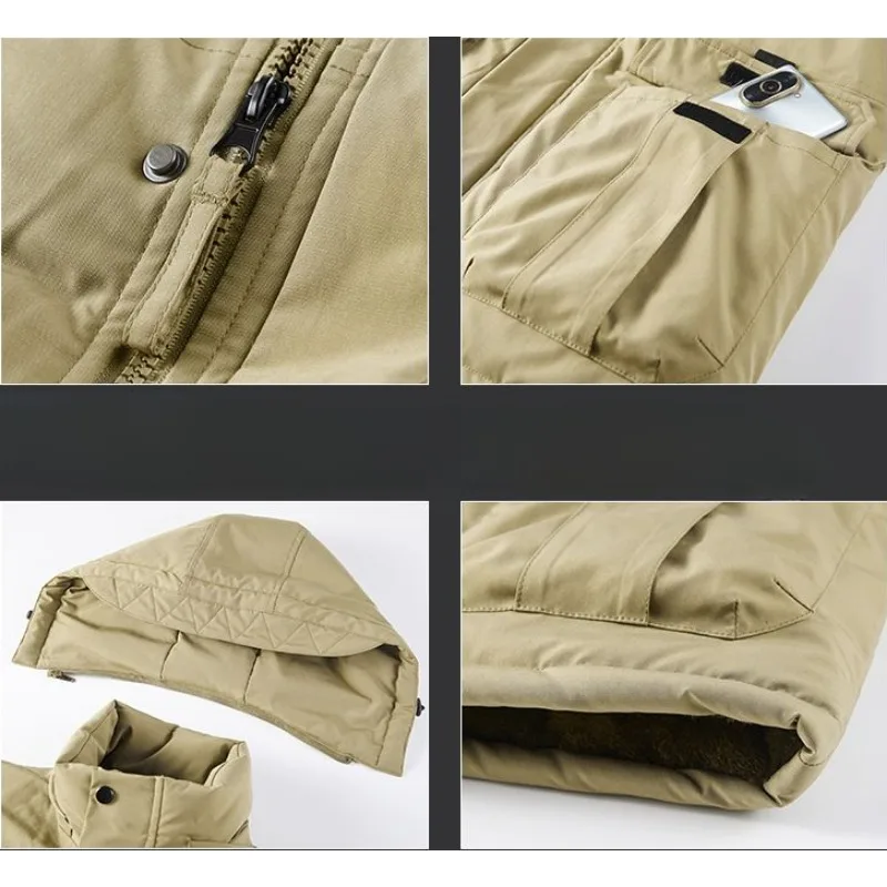 Men Outdoor Jacket Winter Fleece-lined Thickened Mountaineering Cold-Proof Cotton-Padded Clothing Casual Fashion Hooded Outwear