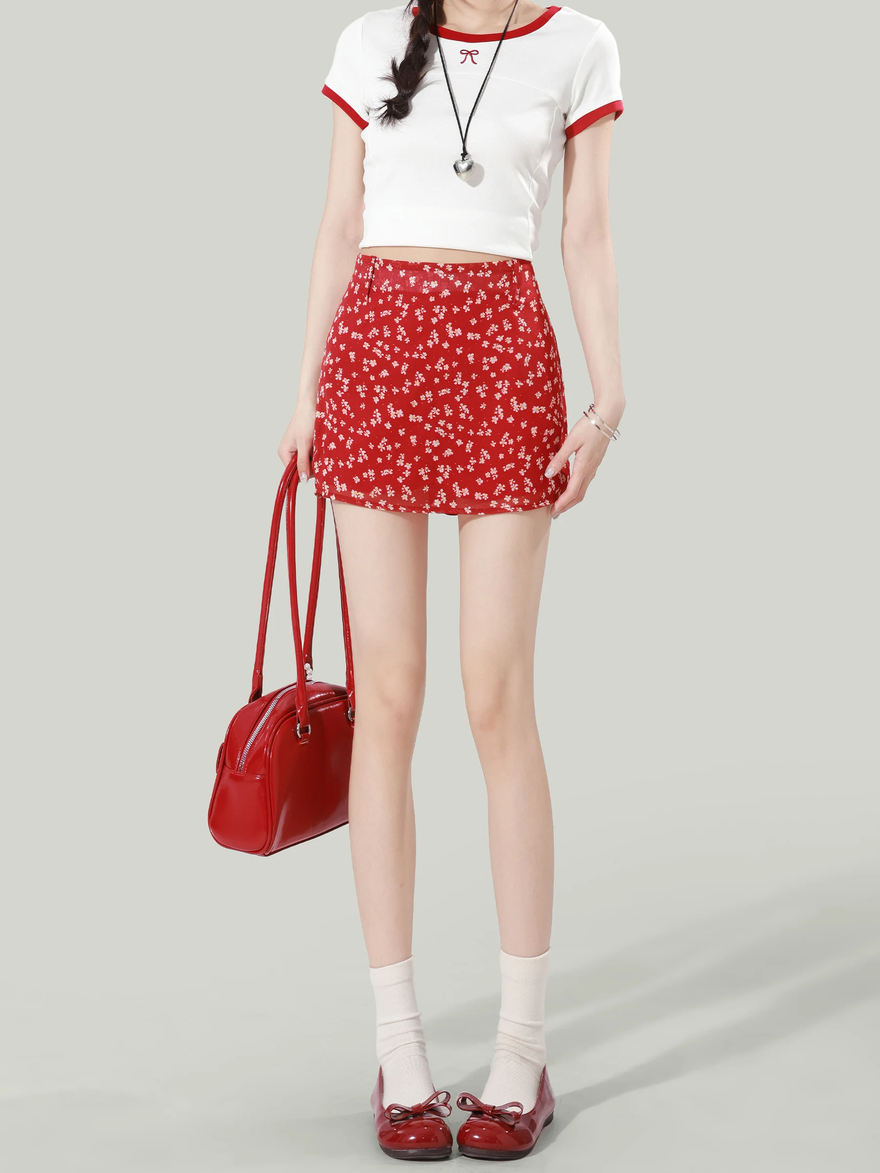 Red Floral High Waist  Skirt Women's A-Line Short Skirt Slimming Summer New Style Anti-Light Walking Skirt for Teen Girls