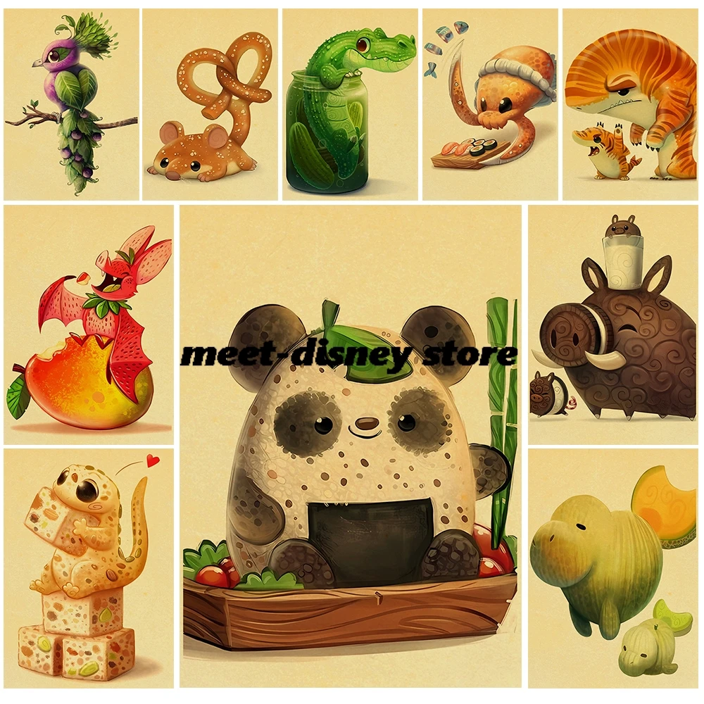 Cartoon Food Animals Poster Kraft Paper Print Nostalgia Harajuku Wall Art Canvas Skateboard Coffee Creative Harajuku Bar Posters