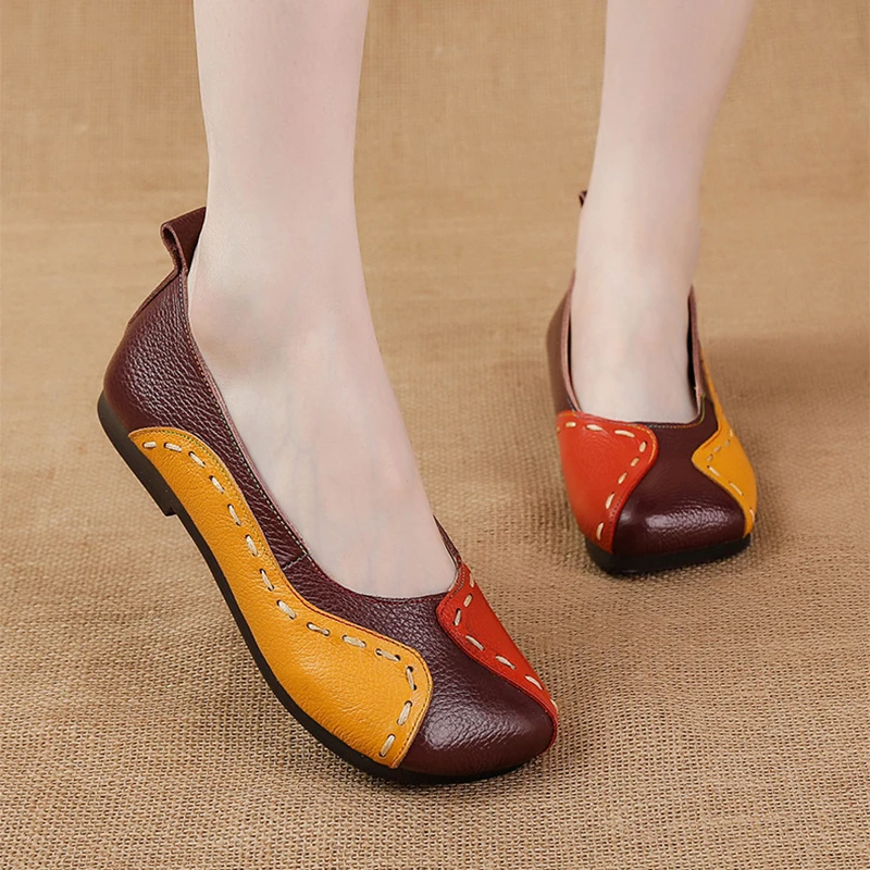 Casual Square Toe Flat Shoes For Mothers Casual Women Shoes Top Layer Of Cowhide Wear-Resistant  Surfaces Flats