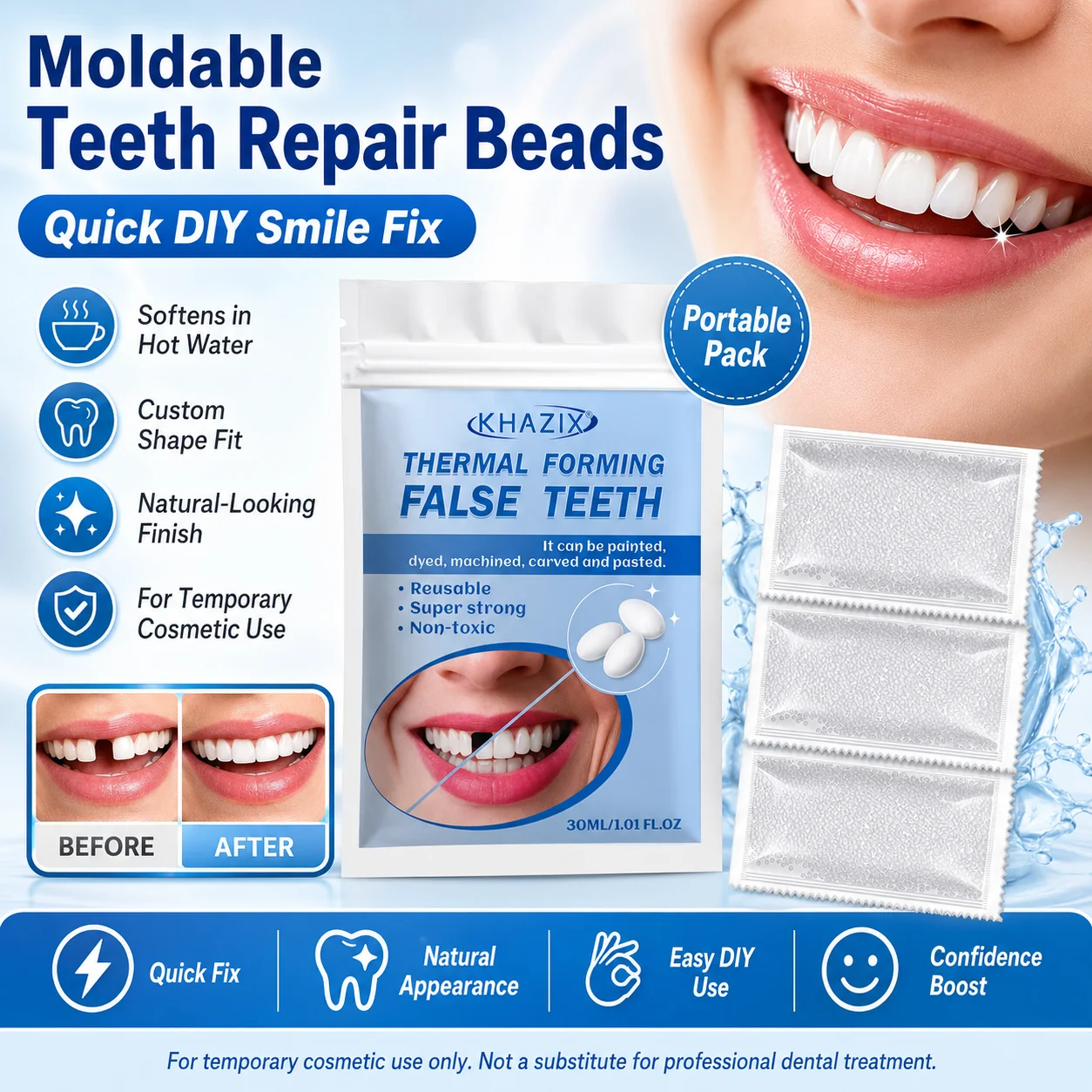 10g Temporary Teeth Beads DIY Cosmetic Smile Fix Moldable White Beads Easy to Shape for Natural-Looking Teeth