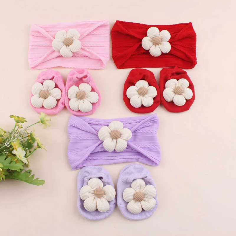 

Baby Headband Socks Set Korean Sweet Flower Boy Girl Nylon Headband Elastic Baby Headwear Anti-Slip Socks Kids Hair Accessories