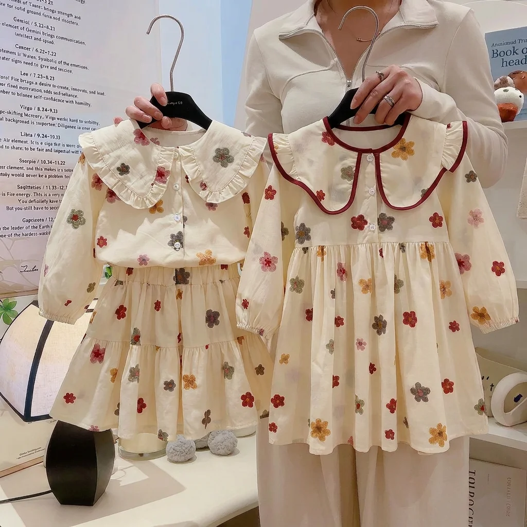 Autumn Casual Sisters Clothes Lapel Floral Dress and Top+skirt Two-piece Set for Going Out  Cute Sweet Children 2-6 Years Old