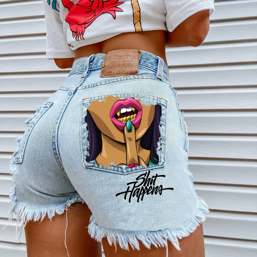 

New Styledenim Shorts For Womenins Street Personality Golden Tooth Girl Biting Fingers Europe And America Casual Hole Denim Shor