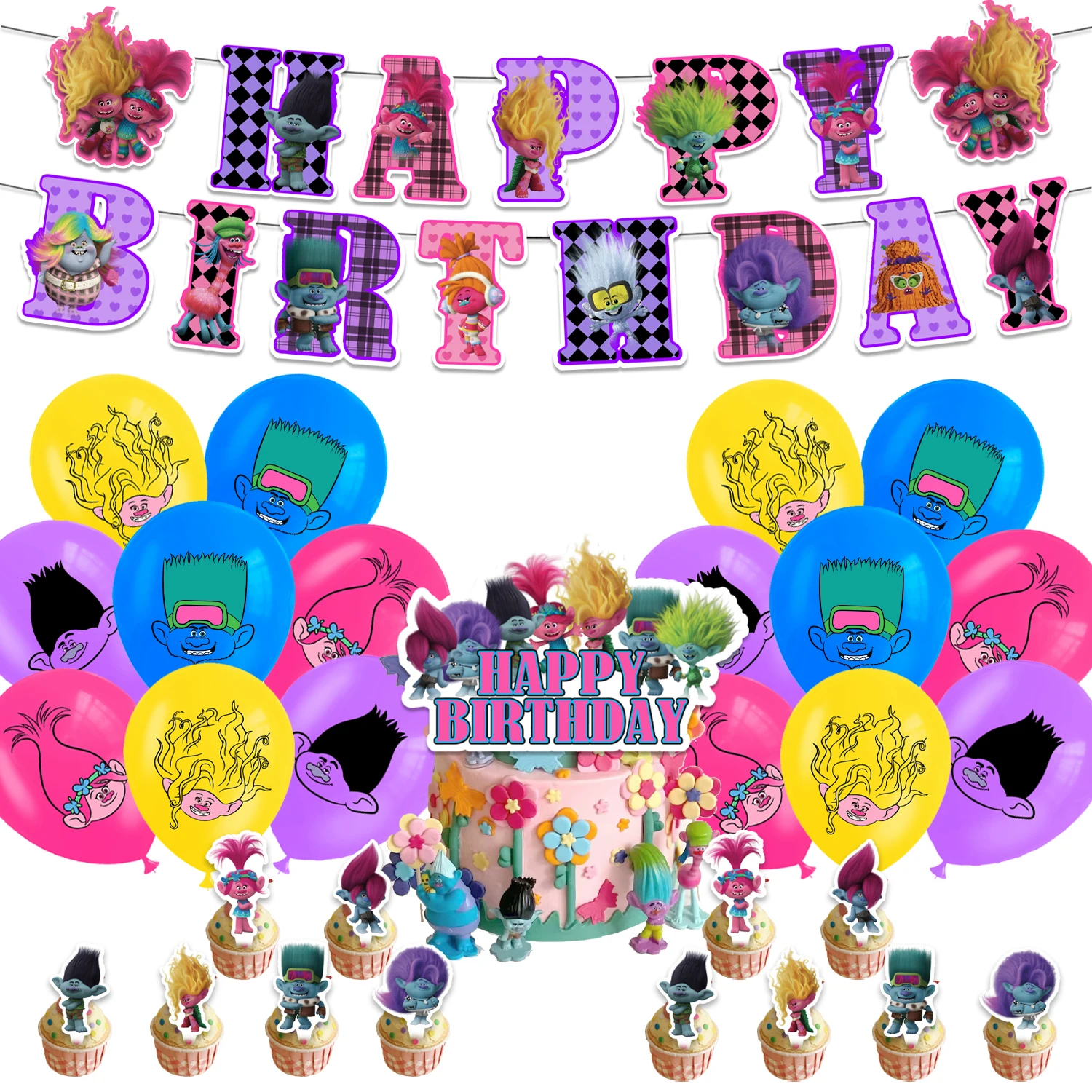 Hot cartoon Trolls Birthday Party set dinnerware Banner Cake Disposable Topper Hanging Flag Tangled Balloons Birthday Decoration