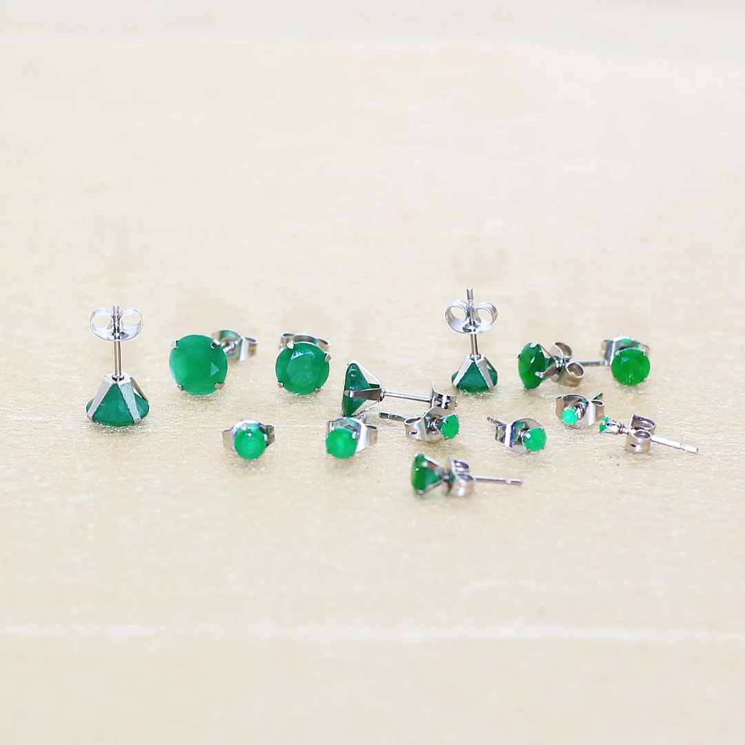 Vintage Style 2mm to 8mm  316l Stainless Steel With Green Glass Stone Push Up Stud EarringsAllergy Free