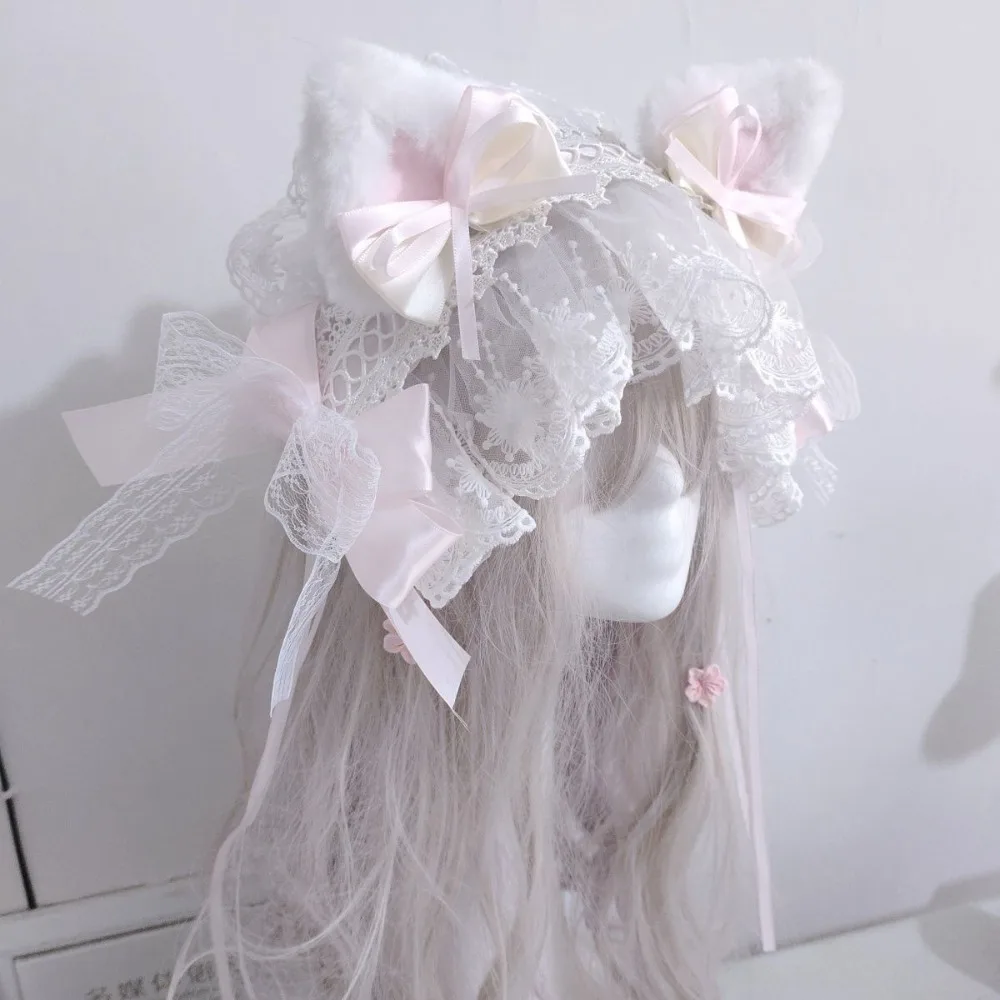 Bow Cat-ear Fox Ears KC Lace Headpiece Pink Blue Black Beige Hair Accessory Kawaii Sweet Lolita Headband