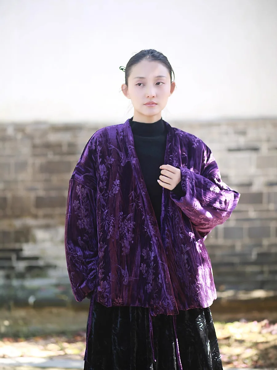 TIYIHAILEY Women Full Sleeve Short Thick Outerwear V-Neck Lace Up Jacket Velvet Purple Warm Coats Chinese Style Printed Ladies