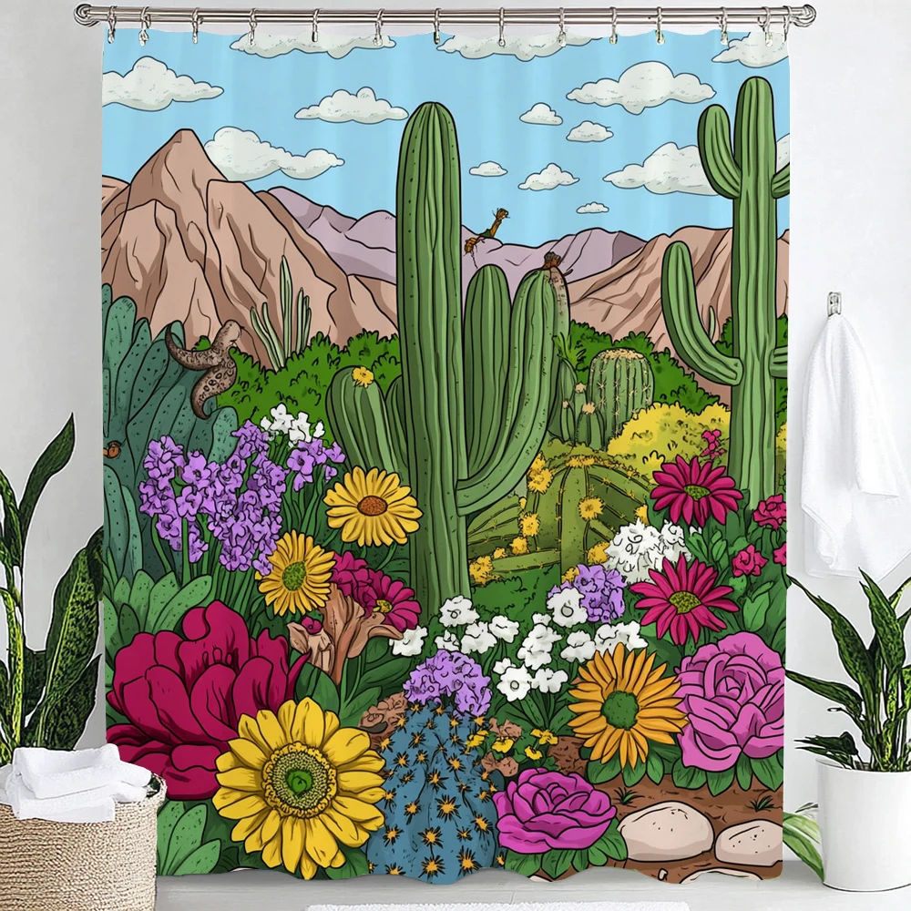 Tropical Plant Cactus Printed Shower Curtain Bathroom Curtain,Hanging Curtain With 12 Hooks Decoration Machine Washable