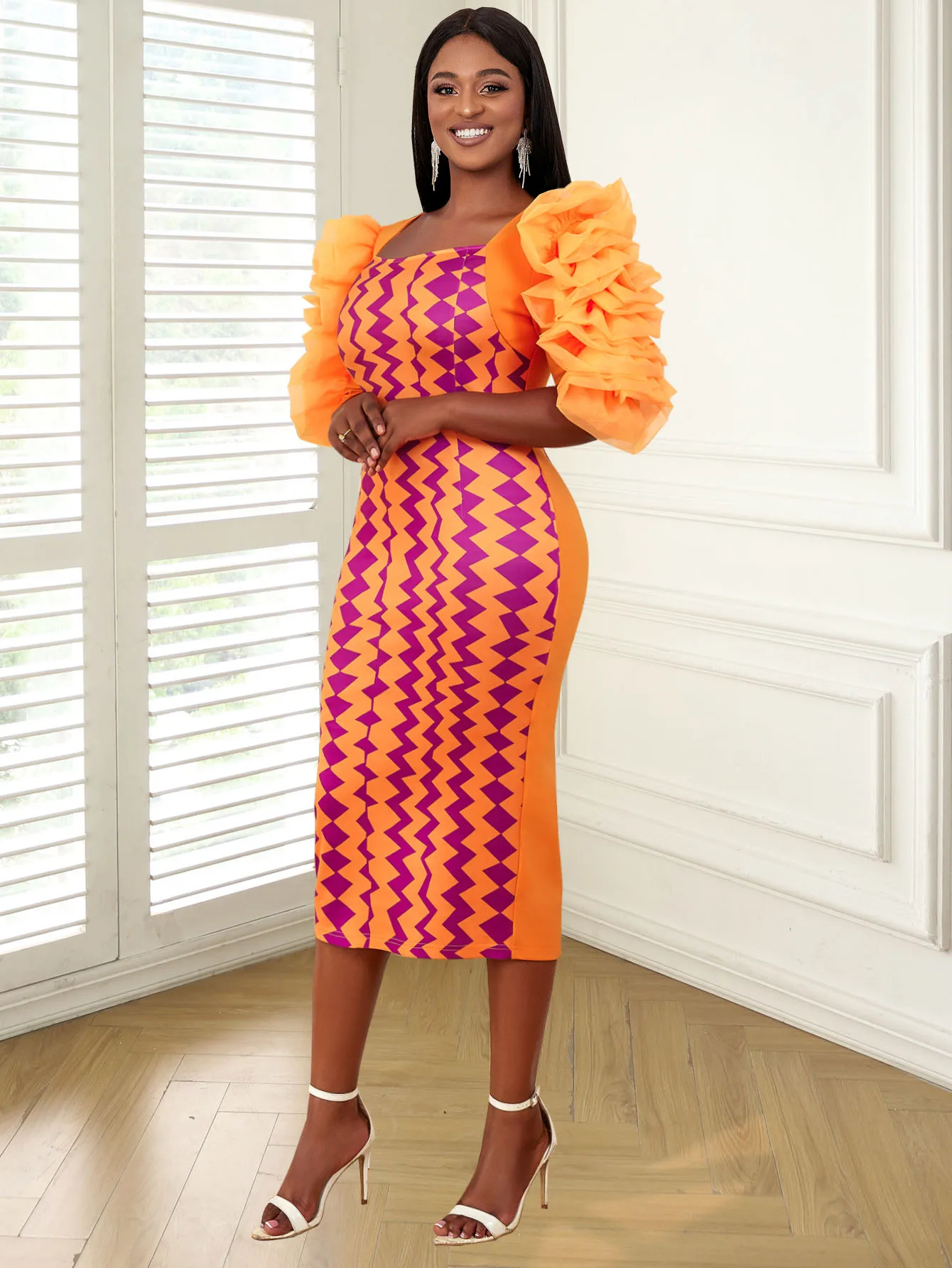 Robe Tuttle orange mi-longue pour femme, manches à volants, imprimé tambour, grande taille, soirée cocktail, robe courte, quelque soit 4XL, été