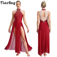 Vestido de baile lírico moderno para mujer, sin mangas, malla transparente dividida, leotardo de gimnasia y Ballet, Ropa de baile de rendimiento contemporáneo