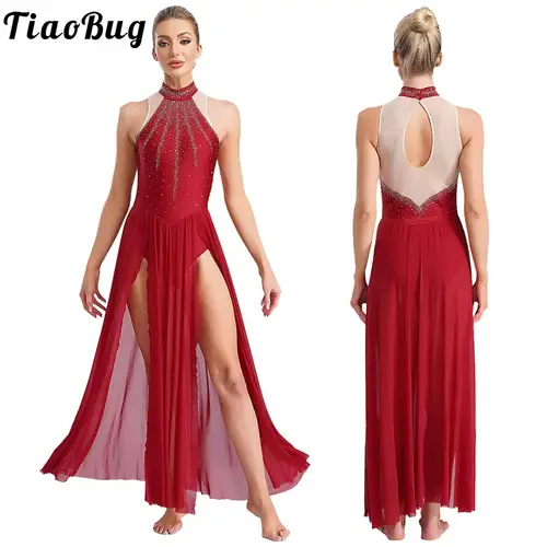 Vestido de baile lírico moderno para mujer, sin mangas, malla transparente dividida, leotardo de gimnasia y Ballet, Ropa de baile de rendimiento contemporáneo