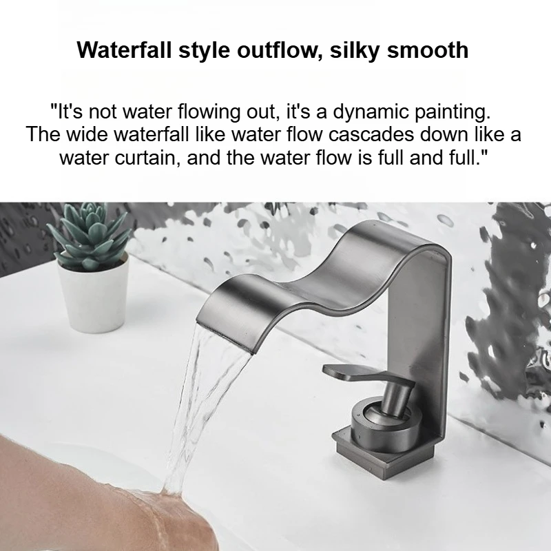 Basin Faucet Waterfall Black with Brushed Bathroom Basin sink Faucet Cold and Hot Water Mixer Single Handle Bathroom Taps