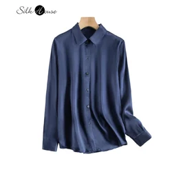 21MM Heavyweight 100% Natural Mulberry Silk Plain Satin Lapel OL Style Navy Blue Versatile Commuter Long Sleeved Women's Shirt