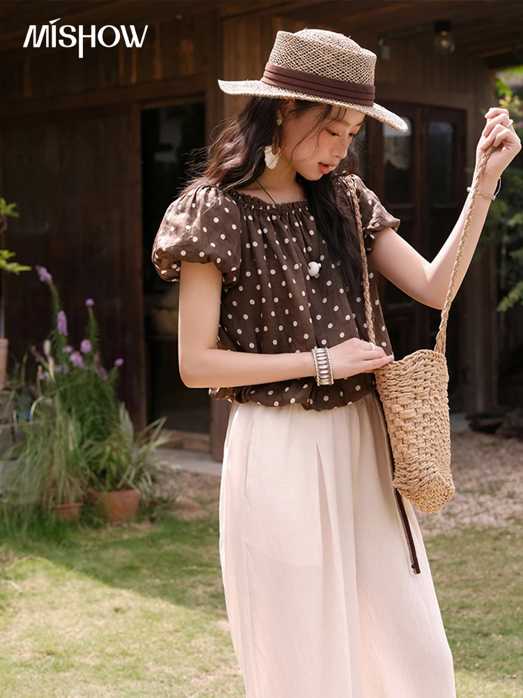 MISHOW Set Dua Potong Wanita Blus Lengan Puff Satu Bahu Polka Dot Fashion Musim Panas 2025 Set Celana Kaki Lebar Kasual MXE38T0683