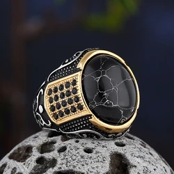 Dropshipping Vintage Gothic Style Black Stone Ring 316L Stainless Steel Craved Ring Men and Women Fashion Biker Jewelry Gift