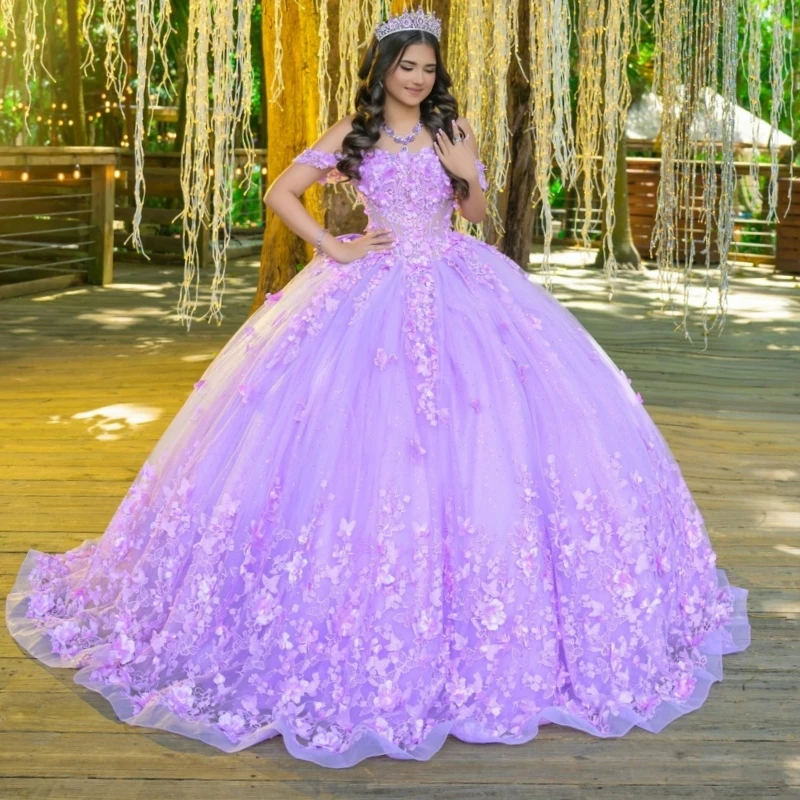 

Lavanda Shiny Quinceanera Dresses Off The Shoulder Applique Bow Beading Tull Party Birthday Sweet 16 Dress Vestidos 15 De Anos