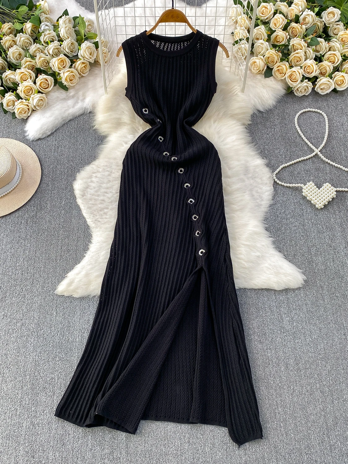 

Fashionable Hollow out Striped Knitted Sleeveless Dress Women's Summer Design Slimming Elegant Split Skirt City Commute Style
