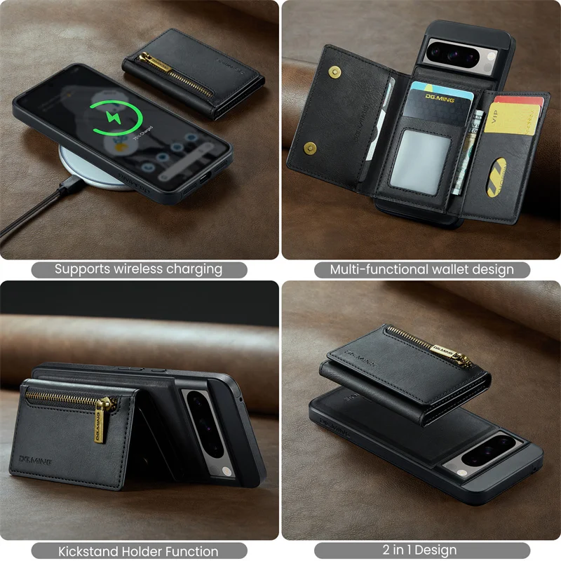 Luxury Magnetic Detachable Leather Phone Case For Google Pixel 8 Pro Wallet Card Slot Wireless Charging Phone Cover