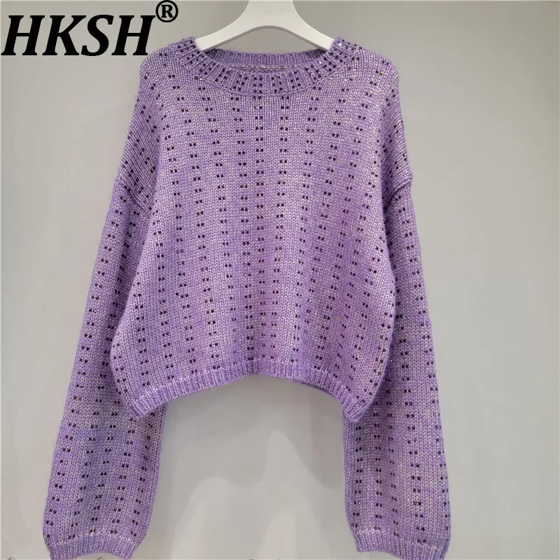 

HKSH Autumn Winter New Women Sweater O-neck Pullover Long Sleeve Heavy Craft Shiny Elegant Fashion High-End Knitted Tops HK12498