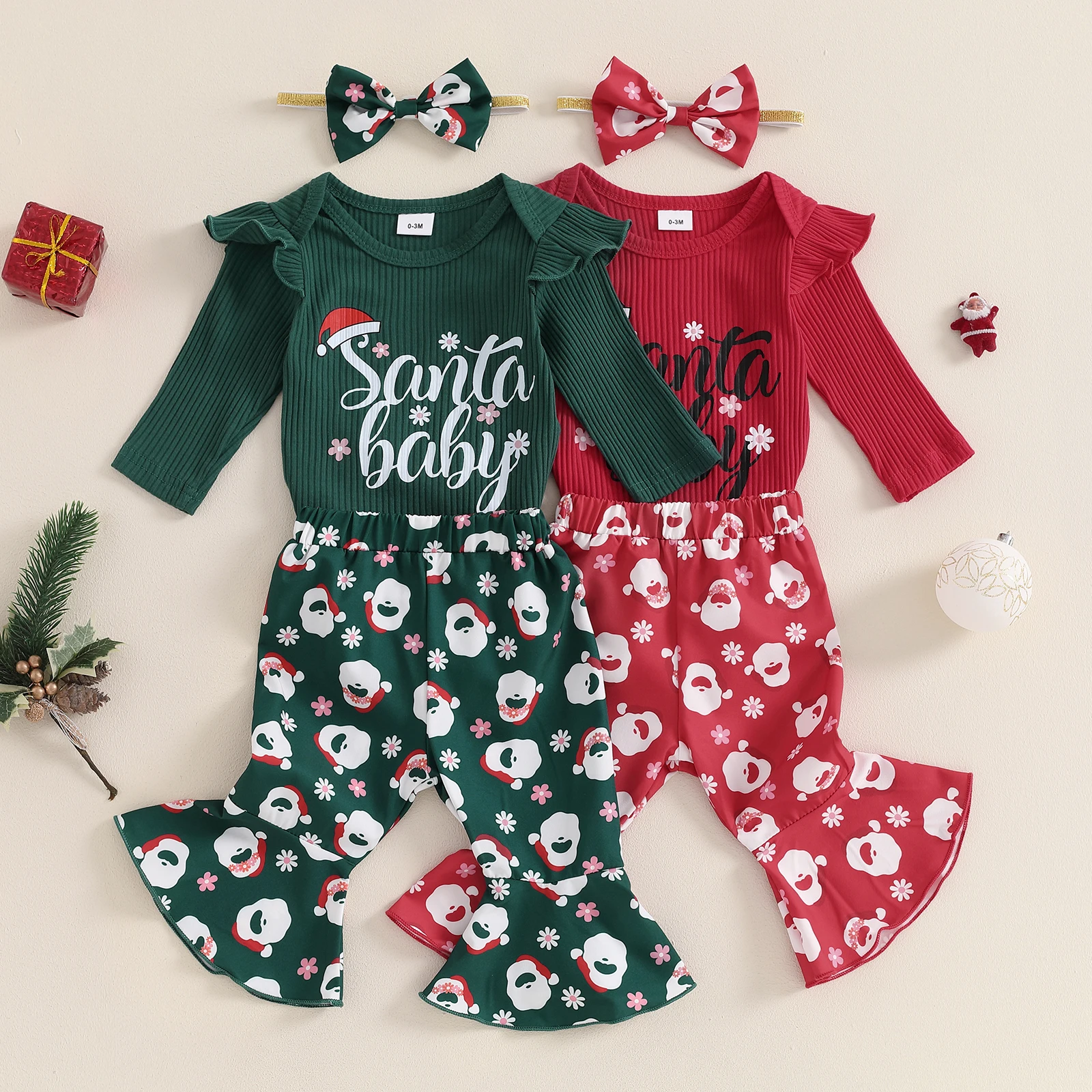 BeQeuewll Christmas Baby Girls Costumes 3PCS Newborn Outfits Letter Print Long Sleeves Romper Flared Pants Headband Infat Suits