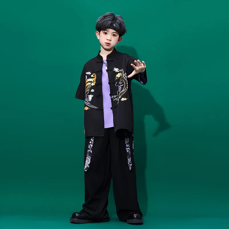 Jongens Chinese Draak Stijl Pak Kinderen Hip Hop Kleding Zwarte Top Brede Broek voor Meisjes Dans Kostuum Kleding