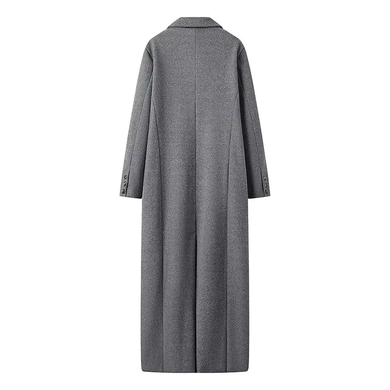 Plus Size Women Clothing Woolen Coat Autumn Winter Double-Breasted Mid-Length Woolen Coat Gray Long Sleeve Trench Coat Oversize