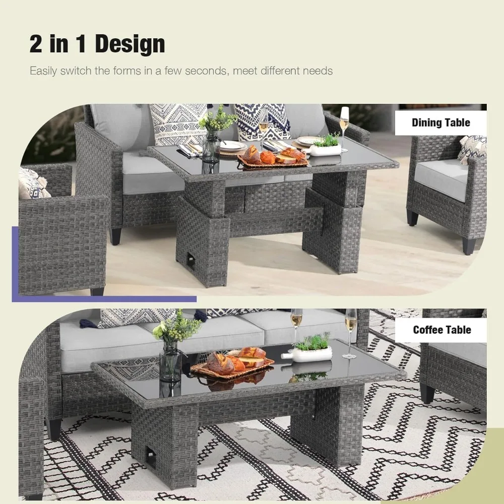 Patio Furniture Set 6-pcs Outdoor Furniture Conversation Sets with Lift DiningPatio Furniture Outdoor Couch Grey Rattan Light