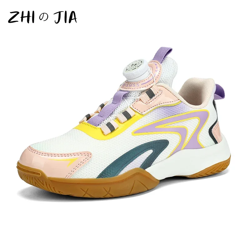 Children's Spring and Autumn Mesh Breathable Training Shoes Boys Girls Rotating Buckle Badminton Sneaker Outdoor Tennis Footwear