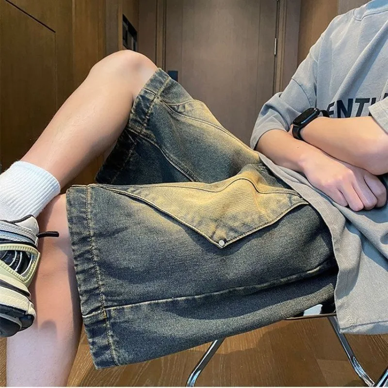 Celana Pendek Denim Setengah Pria Celana Jeans Pendek Pria Longgar Retro Hitam dengan Saku Jorts Xl Pakaian Jalanan Mewah Desainer Populer Tipis