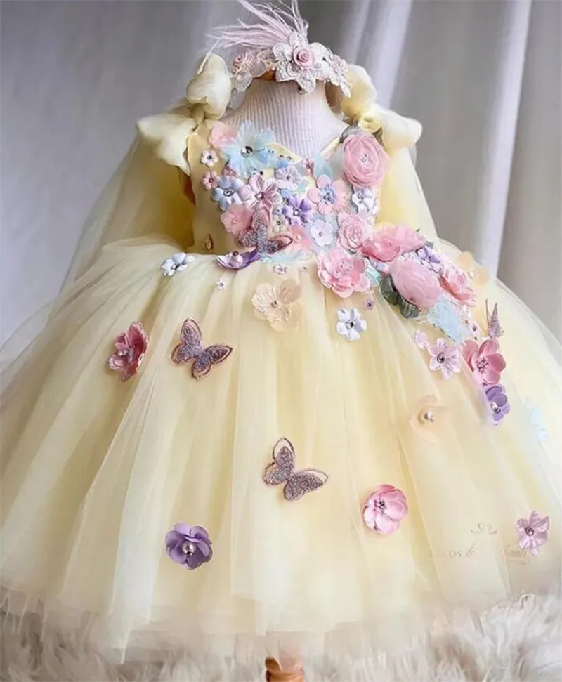 

Yellow Flower Girl Dress Princess Tutu Outfit Cupcake 3D Flowers Girl Birthday Dresses Christmas Infant Dress Kid's Short Gown