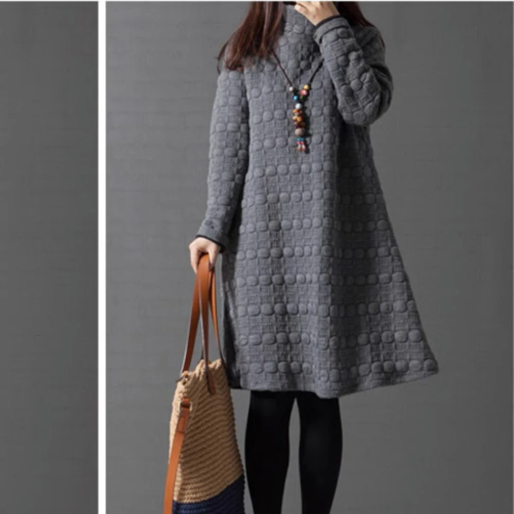 Vestidos holgados de cuello alto para mujer embarazada, ropa informal con estampado de lunares, Vestido de manga larga grueso y cálido para otoño e