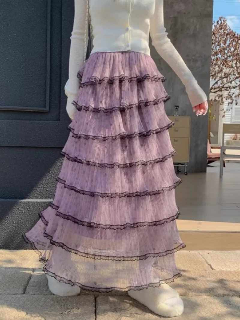 Purple Skirt For Women 2026 Spring Autumn/Winter Style Fashion Elegant Long Puff Cake Skirt w1673