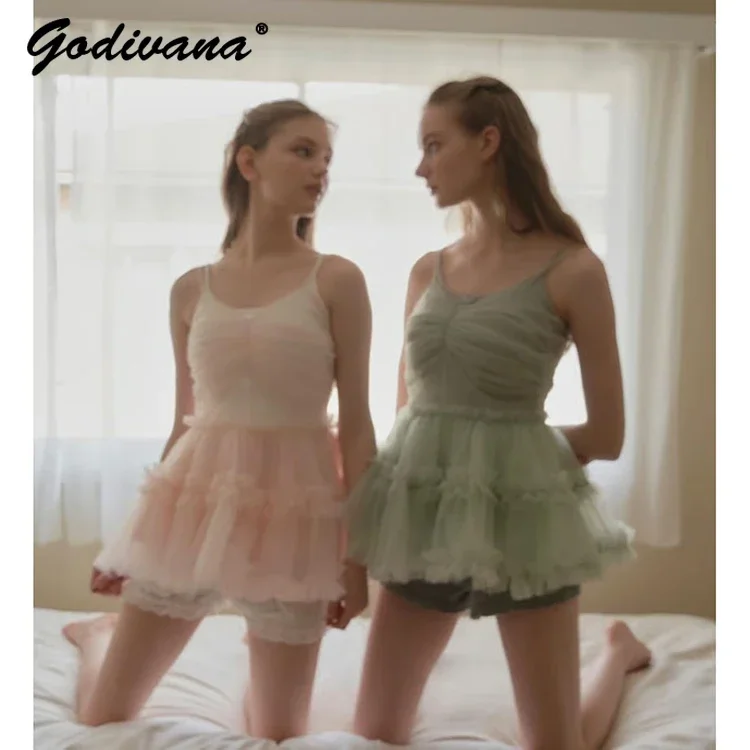 Japanese Style Sweet Ballet Fairy Tulle Lotus Leaf Edge Suspender Top Sling Cake Dress New Summer Girls Cute Mesh Camisole