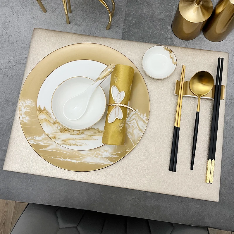 Ceramic Luxury Table Charger Plates Set Food White and Gold Dinner Plate Set Oriental Dishes Platos Porcelana Cutlery Set