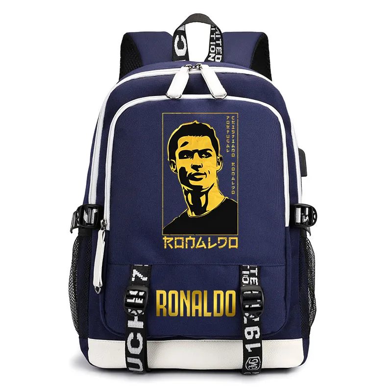Ronaldo กระเป๋าเป้สะพายหลังนักฟุตบอลอุปกรณ์ต่อพ่วงการพิมพ์กระเป๋านักเรียนนักเรียนกระเป๋าเดินทาง USB กระเป๋าเด็กบุคลิกภาพกระเป๋าลําลอง