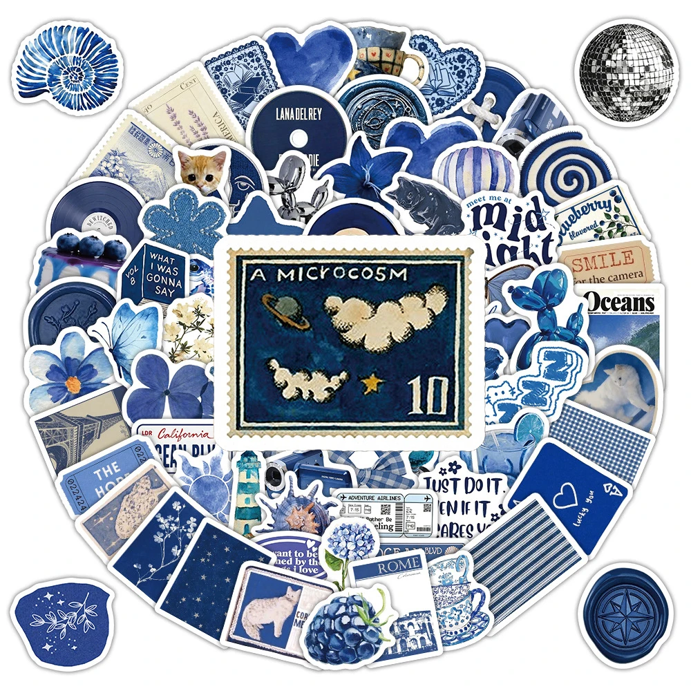 10/30/50/103pcs Ins Style Blue Art Aesthetic Stickers Kawaii Girls Decals Decoration Suitcase Scrapbook Phone Cute Sticker Pack