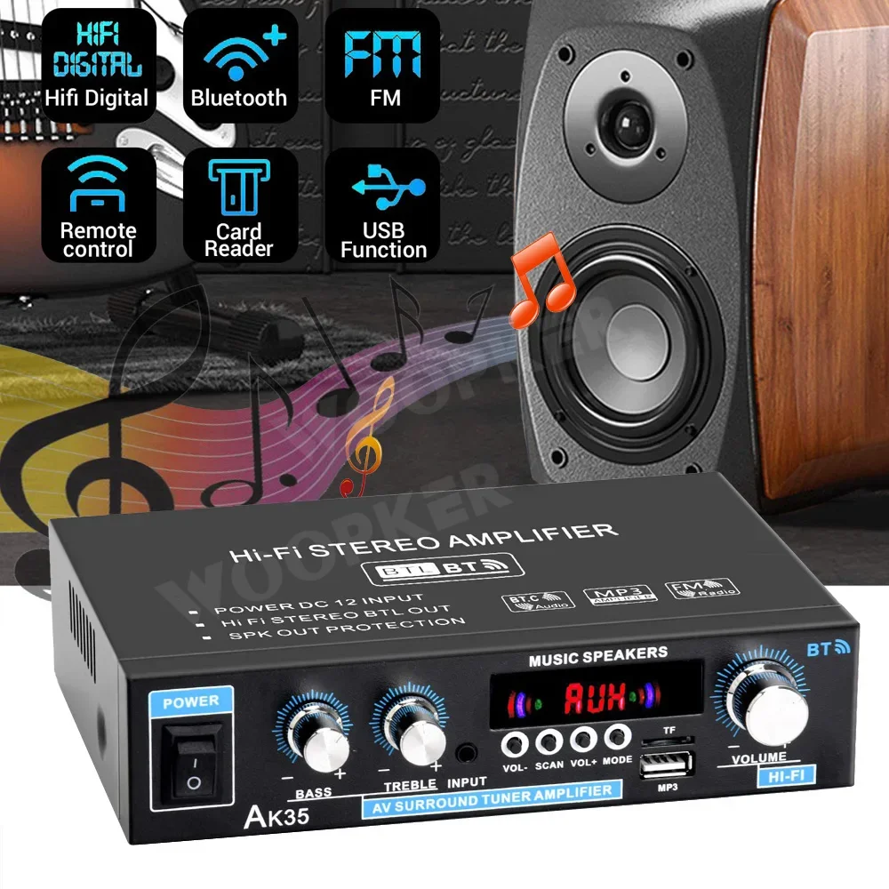 WOOPKER AK35 800 Вт усилитель звука канал 2,0 Bluetooth 5,0 HIFI цифровые усилители 100 В-240 В FM USB пульт дистанционного управления для домашнего автомобиля