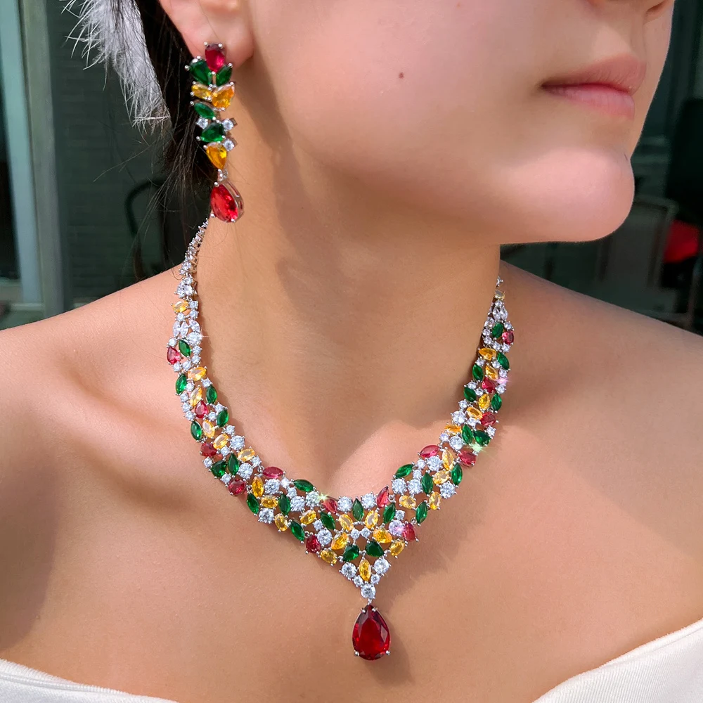 

ThreeGraces Luxury Shiny Multicolor Cubic Zirconia Stone Long Earrings and Necklace Wedding Bridal Jewelry Set for Brides TZ980
