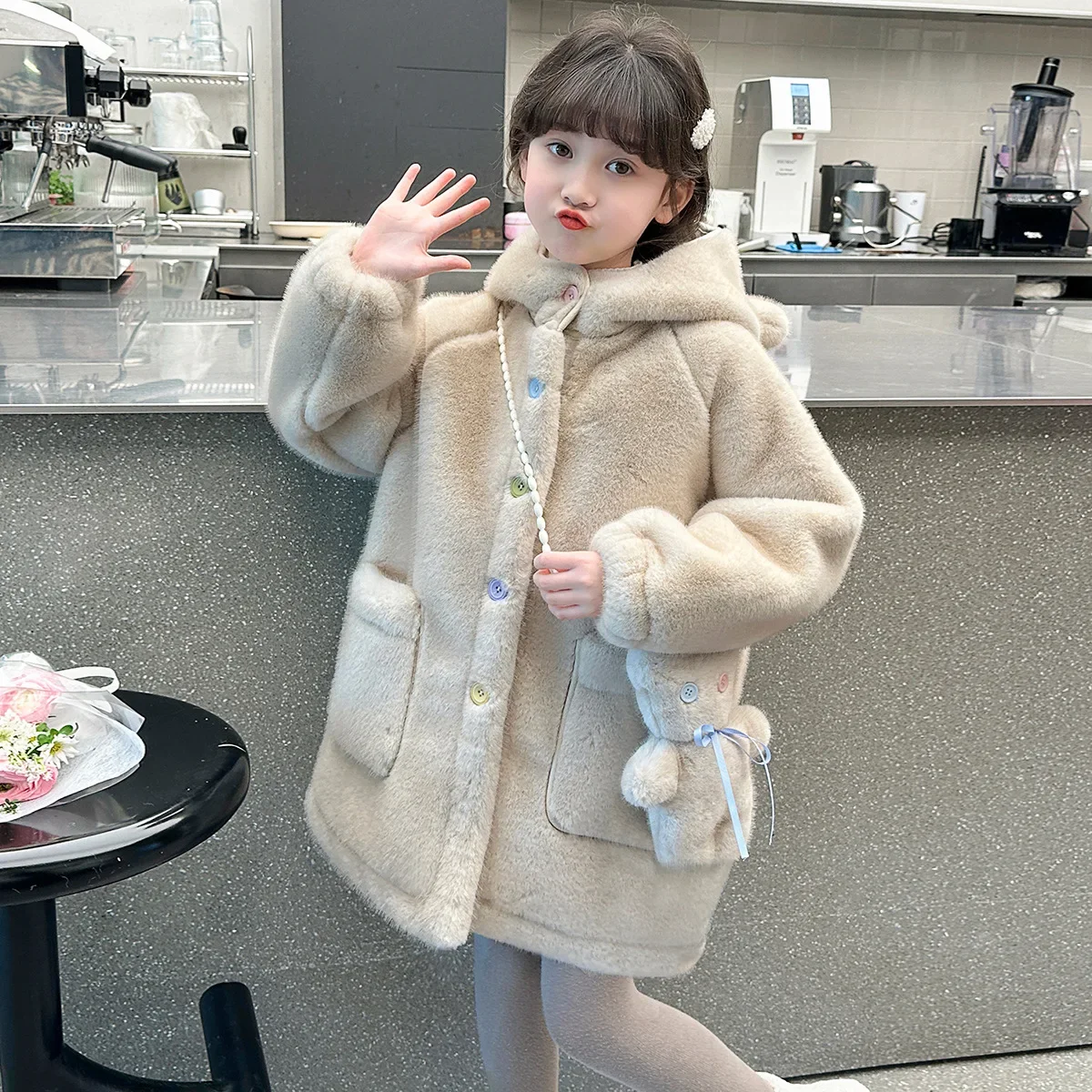 2025 Winter Girls Casual Faux Fur Thick Warm Soft Coat Kids Children Jacket Outerwear Including The Doll Bear