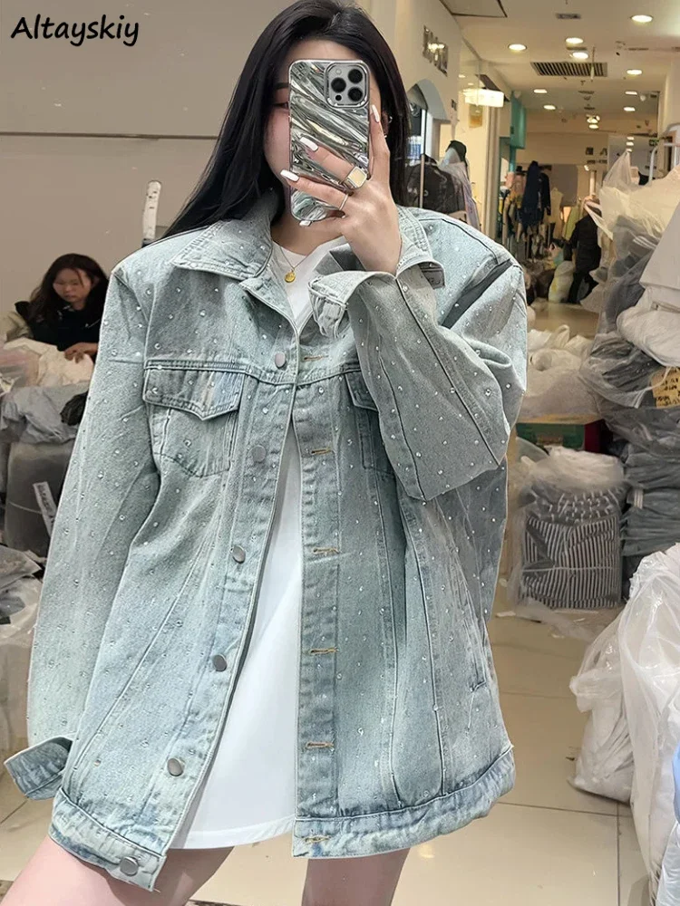 

Korean Fashion Diamonds Denim Jackets for Women Loose Chic Female Spring Autumn Coats Retro Street Wear Mujer Aesthetic Clothing