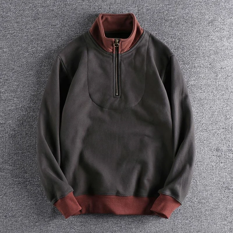 Autumn and Winter Trendy Color Blocking Half Zipper Sweatshirt for Men, Loose and Trendy Long Sleeved Pullover Sweatshirt Top