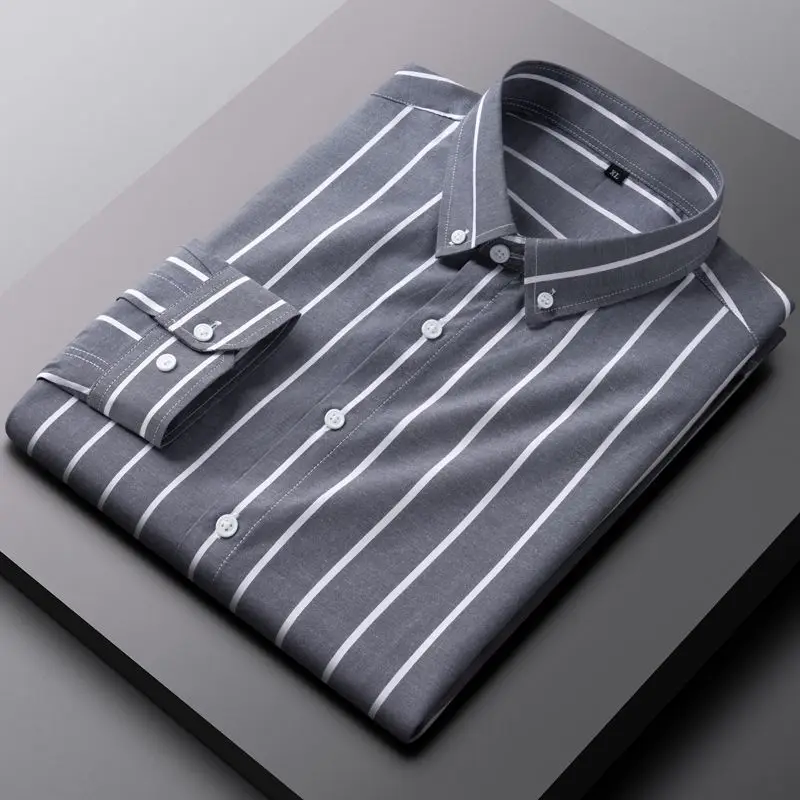 2024 New Spring and Autumn Leisure Minimalist Lapel with Wide Stripes Korean Version Slim Fit Fashion Long Sleeved Shirt for Men